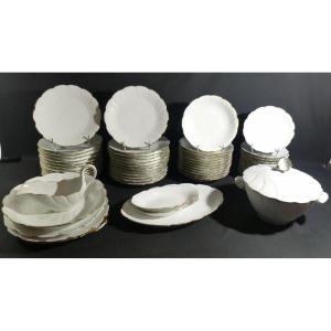 12 Person Service In White And Gold Limoges Porcelain 57 Pieces Twisted