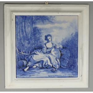 Blue And White Ceramic Painting After Boucher In The Style Of Delt Or Azulejos