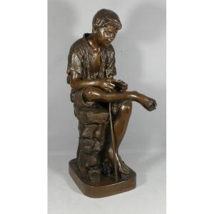 Joseph Ascoli (1847-1929), The Young Fisherman, Large Bronze 57 Cm With Brown Patina