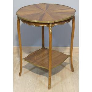 Louis XV Style Pedestal Table With Top In Radiant Marquetry Of Various Woods, Late 19th Century