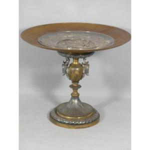 L. Oudry, Centerpiece Or Bowl On Pedestal In Silvered And Gilded Bronze, Late 19th Century