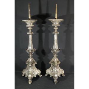 In The Crowned C, Large Pair Of Silver-plated Bronze Candlesticks, Louis XV Period, 18th Century