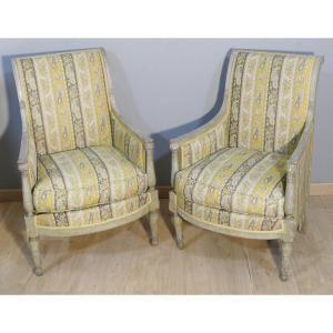 Pair Of Directoire Bergeres In Grey Lacquered Wood, 18th Century