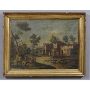 Italian Landscape, The Lively Village, Oil Painting On Canvas, 18th Century