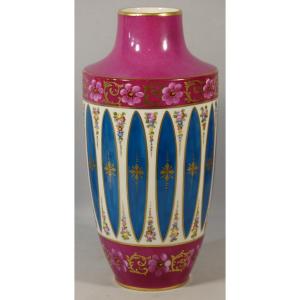 Limoges Porcelain Vase Hand Painted With Flowers, Pink And Blue Background