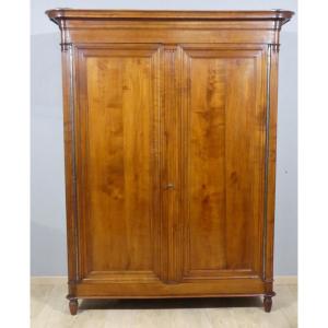 Simple Louis XVI Wardrobe With Fluting In Solid Cherry, Late 19th Century