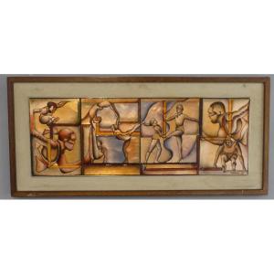 The Athletes, Large Limoges Enamel Painting Dedicated To Sport, 1985 Period