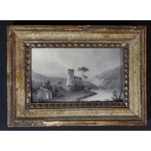 Grisaille Study After Pillement, Landscape Painting Oil On Cardboard, 19th Century