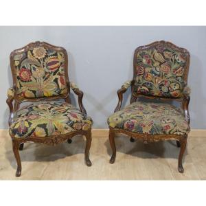 Pair Of Carved Walnut Armchairs With Original Tapestry, Louis XV Period, 18th Century