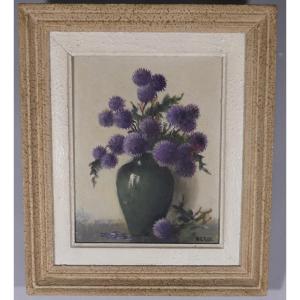 Bouquet Of Thistles, Oil On Cardboard Signed Neron, Still Life Painting