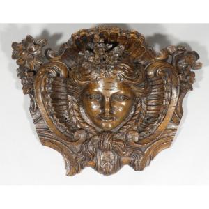Regency Mascaron In Carved Oak Wood, Top Of Door, 18th Century Period
