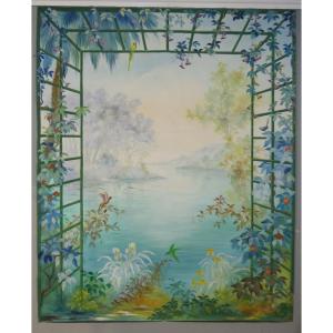 265*217 Cm, Large Decorative Painted Canvas Trellis And Flowers G De Vandeuvre 2nd Of A Pair