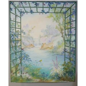 265*217 Cm, Large Decorative Painted Canvas Trellis And Flowers G De Vandeuvre 1st Of A Pair