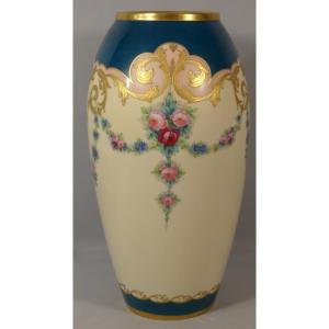 Large Limoges Porcelain Vase With Roses And Forget-me-nots, Gold-gilded Decor