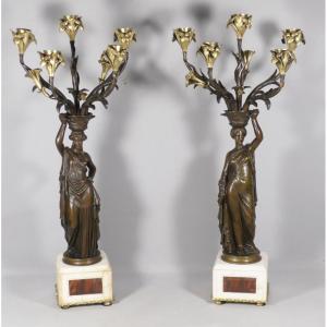 Pair Of Napoleon III Candelabras With Caryatids By Louis Valentin Elias Robert (1821-1874)