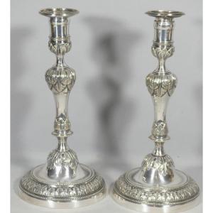 Pair Of Louis XVI Silver-plated Bronze Candlesticks, 18th Century