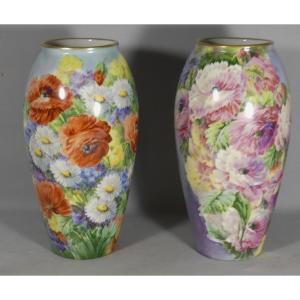 Flowers, Roses, Poppies, Marguerites, Pair Of Hand-painted Limoges Porcelain Vases