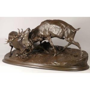Fighting Deer After Pj Mene, Large Bronze Group With Brown Patina, Early 20th Century