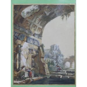 Architectural Whim And Washerwoman, 18th Century Gouache, School Of Charles Louis Clérisseau