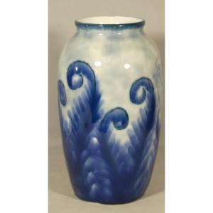 Camille Tharaud Limoges, Blue Vase With Ferns, Art Deco Period