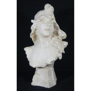 Elegy By Alfred Jean Foretay, White Marble Sculpture Of A Young Woman, Art Nouveau