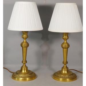 Pair Of Louis XVI Candlestick Lamps In Chiseled And Gilded Bronze, 18th Century Period