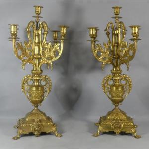 Pair Of Napoleon III Candlesticks In Gilded Bronze, Late 19th Century