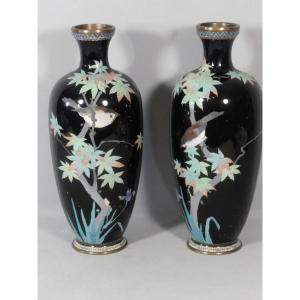 Pair Of Cloisonné Enamel Vases With Birds And Branches, Japan, Late 19th Century