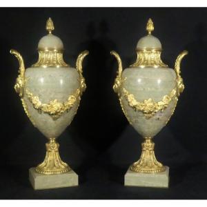 55 Cm, Pair Of Louis XVI Style Cassolettes In Green Campan Marble And Gilt Bronze, Napoleon III