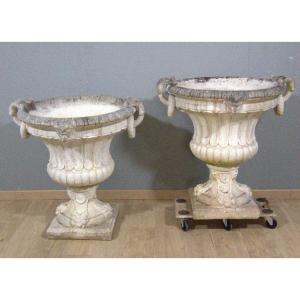 Pair Of Large Garden Vases (height 91 Cm) In Reconstituted Stone Cement Neoclassical