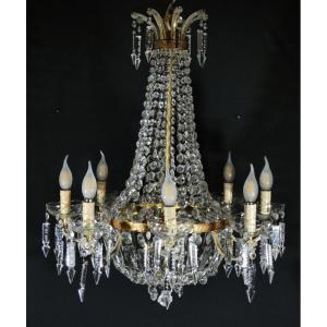 Hot Air Balloon Basket Chandelier In Brass, Glass And Crystal With 12 Lights, Mid-20th Century