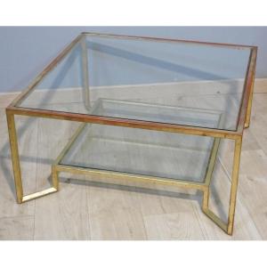 Gold-leaf Iron Coffee Table, Square Shape, Two Glass Tops, 1970s Period