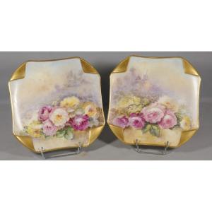 The Roses, Pair Of Decorative Limoges Porcelain Dishes