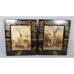 Cherry Blossom Park, Japan, Pair Of Albumen Photographs In Lacquer Frames, Late 19th Century