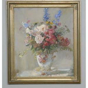 Bouquet Of Flowers In A Porcelain Vase, Still Life With Gouache Signed H Dame