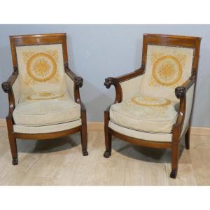 Pair Of Mahogany Officer's Armchairs With Lions Attributed To Demay, First Empire Period