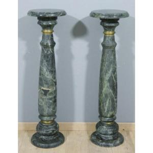 Pair Of Green Marble And Brass Presentation Columns, Mid-20th Century