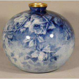 Blue Roses, Limoges Porcelain Ball Vase Painted By Marcadet