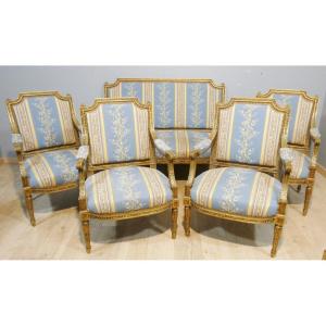 Louis XVI Living Room In Gilded Wood, Bench And 4 Carved Wooden Armchairs, 19th Century