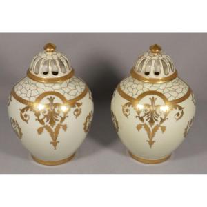 Pair Of White And Gold Limoges Porcelain Potpourri Or Incense Burners, Early 20th Century