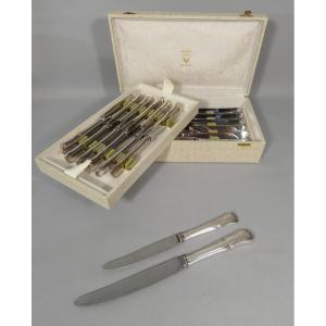 24 Regency Style Silver-plated Metal Knives, 20th Century