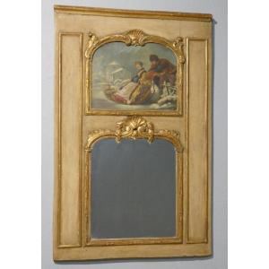 Louis XV Style Trumeau In Gilded And Painted Wood, Painting Of A Snow Scene With A Sleigh