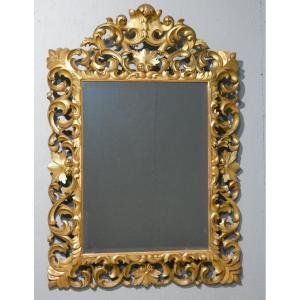 Openwork Carved Wood Mirror With Gilded Leaf, Italy, 19th Century, Tain Mercure Beveled