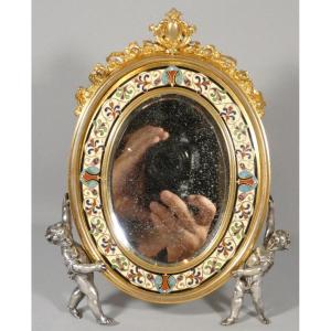 Maison A Giroux, Mirror With Cupids In Champlevé Enamelled Bronze, 19th Century