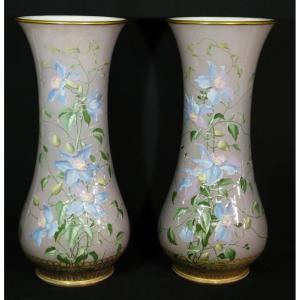 Charles Pillivuyt In Mehun, Pair Of Porcelain Vases With Clematis, 19th Century