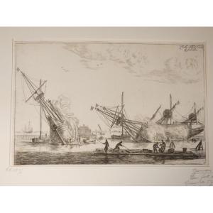 Carel Allard (1648-1709) Original Engraving After Renier Noons Known As Zeeman, Boats In Port