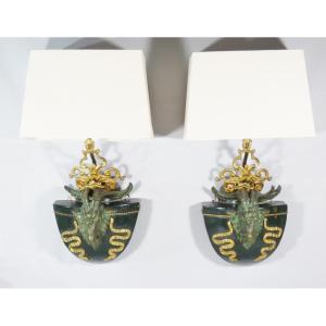 Pair Of Napoleon III Style Ram Sconces In Wood And Bronze