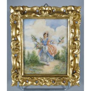 The Pink Flower Girl After Boucher, Miniature Gouache Painting, By Marthe Ray
