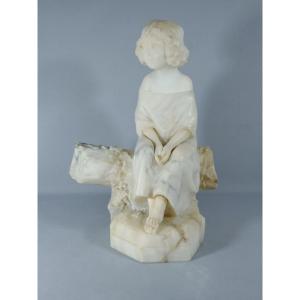 Pugi, The Child Sitting On A Trunk, Sculpture In Veined Marble And Alabaster, Early 20th Century