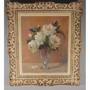 White Roses, Still Life With A Bouquet Of Flowers By J Roussarie, Sculpted Frame
